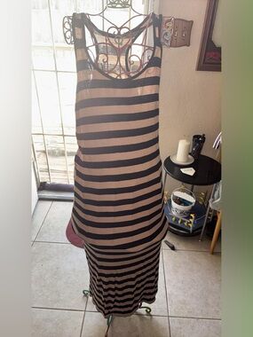 Free People Black and Beige Striped Tank Maxi Dress